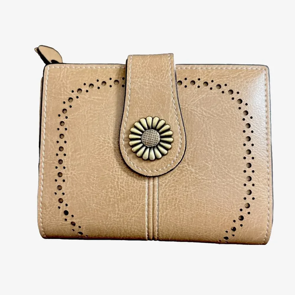 Sendefn Wallet Womens Beige Leather Bi-fold Zipper Coin Pocket RFID Blocking - Picture 6 of 7
